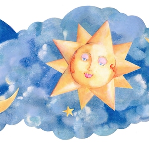 Himmlischer Stern und Mond-Tapetenrand, Sun & Moon-Tapetenbordüre, nächtliche Nachtwolken-Sternenhimmel-Tapetenbordüre, süße Traumbordüre