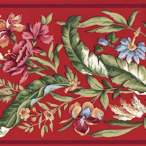 Red Hibiscus Tropical Green Leaves Wallpaper Border | Mauve, Light Red, Green, Red | 15' L x 9.7" W