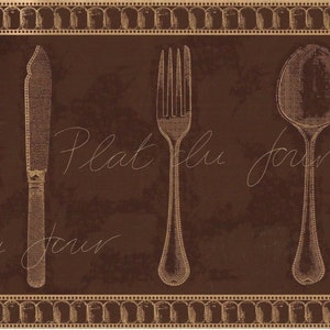 Bordure de papier peint de cuisine, contour de couverts dorés Katzenbach et Warren avec bordure de papier peint de cuisine français plat du jour marron mat