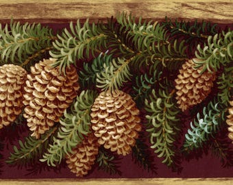 Borde de papel tapiz rústico de piñas de 8 pulgadas, diseño de cabaña campestre Evergreen en marrón y verde, preencolado para una fácil instalación.