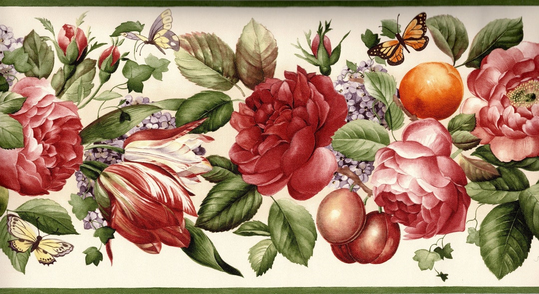 Cabbage Red Roses Fruits and Floral Botanical Wallpaper Border