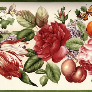 Carta da parati con bordo botanico con rose rosse, frutta e fiori, carta da parati con bordo preincollato con farfalle e fiori, 15 piedi x 9,25 pollici.