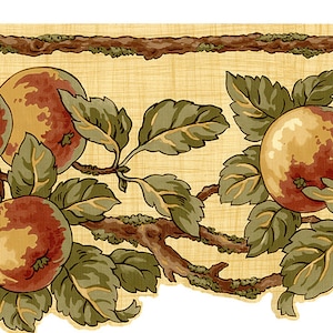 May include: A beige and brown patterned fabric border with a repeating design of green leaves and red and yellow apples.