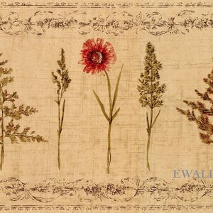 May include: A beige background with a repeating pattern of stylized red flowers and brown ferns. The pattern is framed by a decorative border.