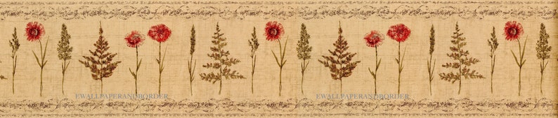 May include: A beige background with a repeating pattern of stylized red flowers and brown ferns. The pattern is framed by a decorative border.