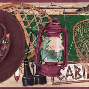 Rustic Fishing Cabin Lodge Wallpaper Border - Country Cabin Sign Wall Decoration- Fish Wallpaper - Wall Border
