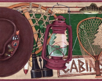 Rustic Fishing Cabin Lodge Wallpaper Border - Country Cabin Sign Wall Decoration- Fish Wallpaper - Wall Border