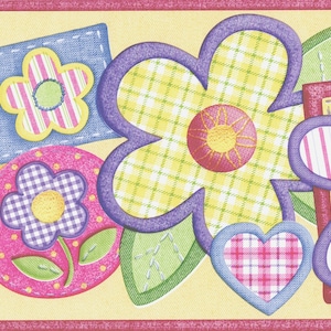 Pink Dot Stripe Gingham Flower Patches Baby Nursery Wallpaper Border, Floral Wallpaper Borders, Pre-pasted, 15 ft x 6 7/8 in.