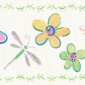 Mid Century Sweet Floral Wallpaper Border, Ladybug Dragonfly Pink Yellow Green Flower Leaf Wallpaper Borders,  Pre-Pasted, 15 ft x 6.8 in.