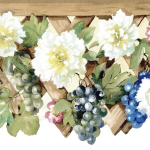Scalloped Fruit & Floral Wallpaper Border, Grapes Vines Wall border, Flower Grape Vine on Rustic Wood Lattice Wall Border, Botanical Border