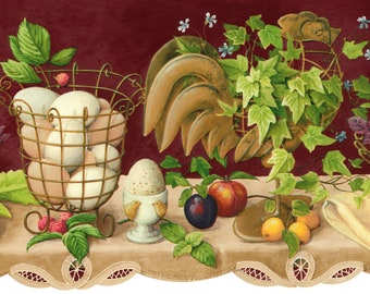 Country Farm Fresh Wallpaper Border - Rustic Ivy Leaf Rooster Farmhouse Kitchen Wallpaper Border - Burgundy -15' L x 9" W