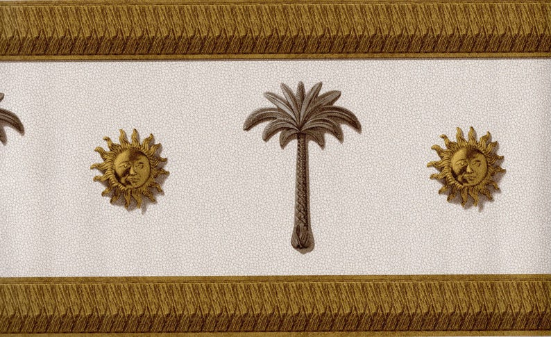 Textured Wallpaper Border,Embossed,Sun Medallion Art Deco Palm Tree,White Leather Looking,Gold Wall Decor Brown,Metallic Home Decor