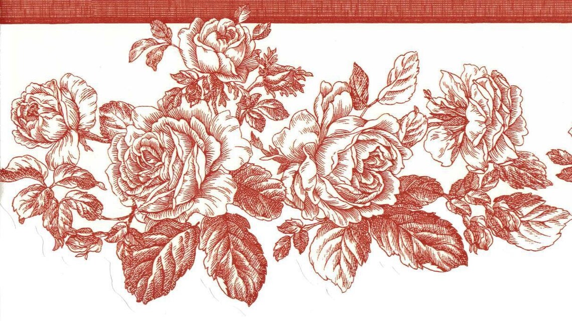 Red Rose Wallpaper Border Red Line Drawing Rose Toile Etsy