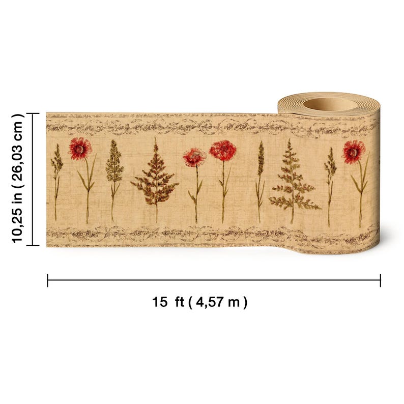 Botanical Wildflower Wallpaper Border 10.25 Inch – Vintage Floral - Red Daisy Wheat Herb & Scroll Design for Wall Decor, Pre-pasted image 3
