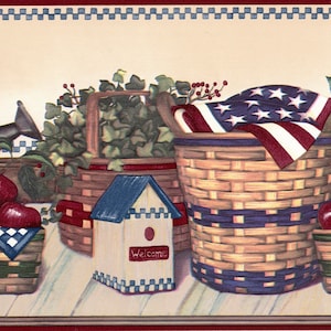 May include: A vintage-style wallpaper border featuring a red, white, and blue American flag, sunflowers, and baskets filled with red apples. The border also includes a birdhouse with the word "Welcome" on it.