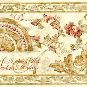 Elegant Floral Acanthus Scroll Leaf Wallpaper Border, Architectural Victorian Swirl Leaf Red Flower French Lettering Shell Wallpaper Border