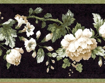 Vintage Floral Botanical Wallpaper Border 4.2 inch, White Cabbage Flower Trial with Green Leaf on Black Background , Pre-pasted
