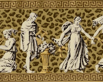 Bordure de papier peint déesse grecque, bordure murale dorée à motif léopard, figures néoclassiques, clés grecques, préencollé 10,25 pouces de large
