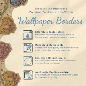 Informational graphic showing wallpaper border benefits — effortless installation, durable and removable non-woven material, eco-friendly inks, and authentic North American craftsmanship.