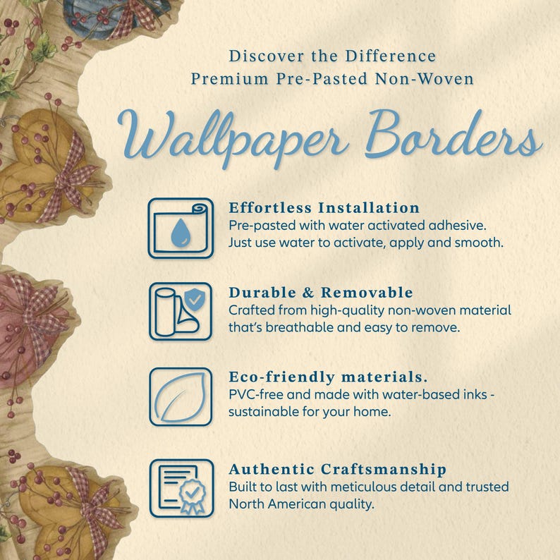 Informational graphic showing wallpaper border benefits — effortless installation, durable and removable non-woven material, eco-friendly inks, and authentic North American craftsmanship.