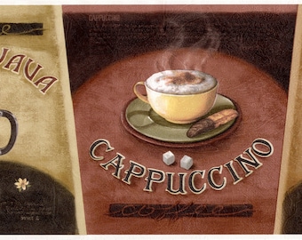 Café Coffee Time Wallpaper Border, Kitchen Wall Décor, Brown, White trim, 15&#39; L x 6.6&quot; W