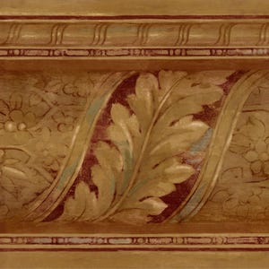 Scroll Acanthus Leaf Floral Baroque Architectural Wallpaper Border, Brown Gold with Burgundy Rust Blue, 15'x8.5", Semi-gloss
