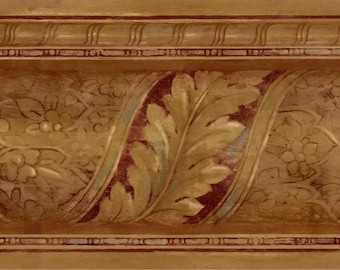 Scroll Acanthus Leaf Floral Baroque Architectural Wallpaper Border, Brown Gold with Burgundy Rust Blue, 15'x8.5", Semi-gloss
