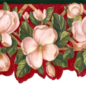 Ausgebogte rosa Magnolien-Blumen-Tapetenborte, florale botanische Tapetenbordüre, Kohlblumenranke auf Bambusgitter-Wandbordüre