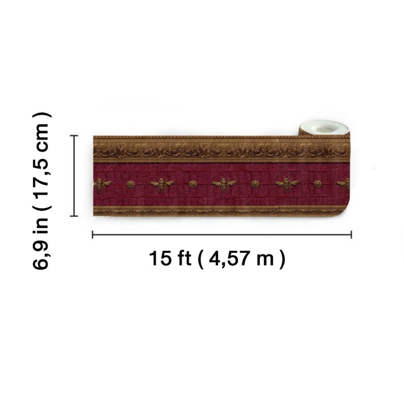 Product dimension image showing wallpaper border roll measuring 15 feet long and 6.9 inches wide, with maroon faux leather and gold bee design.