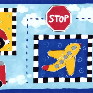 Kids Transportation Themed Wallpaper Border, Blue Kids Vehicles Truck Bus Plane Educational Kids Room Wallpaper Border, 15&#39; L x 6.87&quot; W