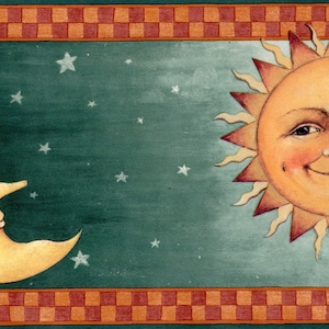May include: A decorative wallpaper border featuring a celestial theme with a yellow crescent moon and a golden sun, both with human-like faces. The background is a deep teal blue with white stars, framed by a red and orange checkered pattern.
