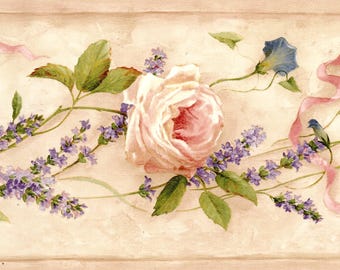 Borde de papel tapiz romántico de rosas y lavanda - Guirnalda de flores estilo cabaña, decoración de pared de cabaña rosa y azul - 4,5 m de largo