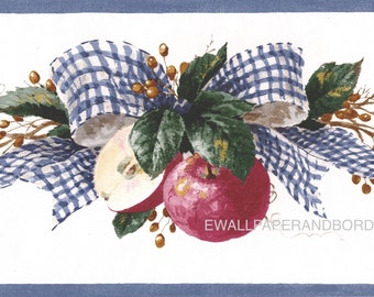 Blue Ribbon Bow Apples Wallpaper Border, Festive Gingham Bow Country Red Apple and Berries Vine Wallpaper Border Wall Decor