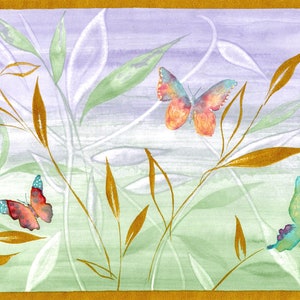 Zeitgenössische Aquarell Regenbogen Schmetterlinge mit Gold Pinsel Blatt Tapetenrand, vorgeklebt, 15 'x 8,5 "