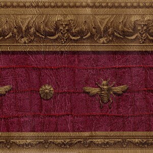 May include: A burgundy wallpaper border with a gold ornate design. The border features a repeating pattern of stylized bees and floral motifs.