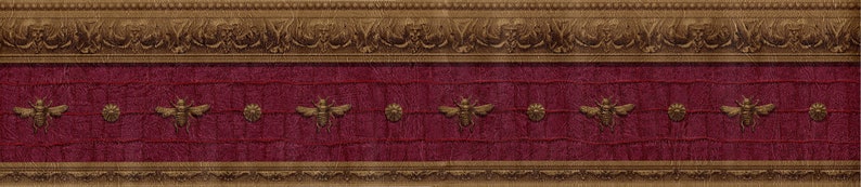 May include: A burgundy wallpaper border with a gold ornate design. The border features a repeating pattern of stylized bees and floral motifs.