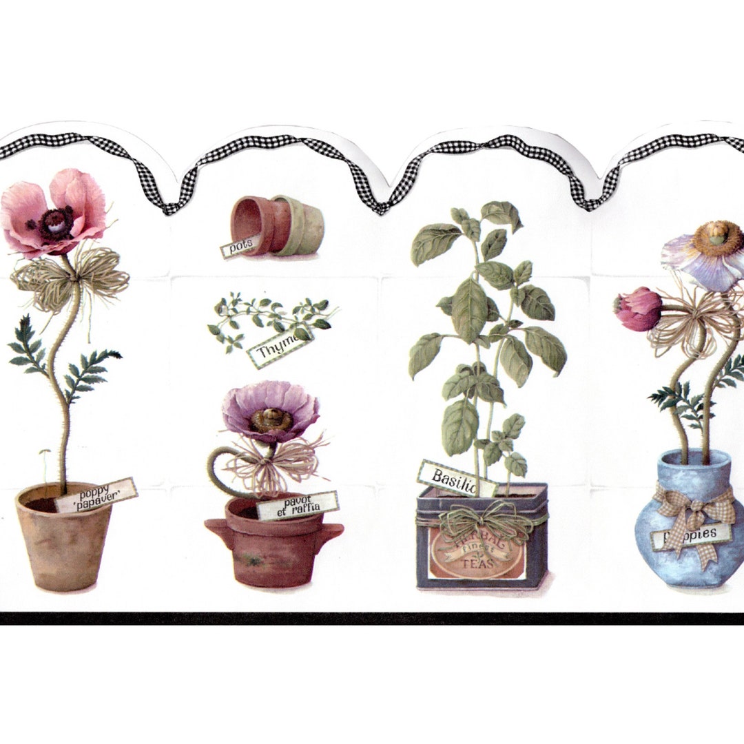Kitchen Wallpaper Border, Herb Pots With Rust Trim Gingham Ribbon