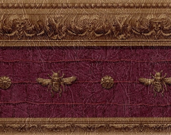 Dark Burgundy Wallpaper Border, Gold Napoleonic Bee, Wine Red Faux Leather, Pre-pasted 6.9 Inch