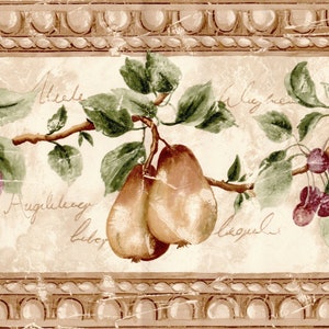 May include: A vintage-style wallpaper border with a cream background and a brown border. The border features a floral design with pears, plums, and cherries. The design is surrounded by a brown rope-like border with a repeating pattern of circles.