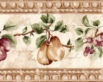 Fruit Trail Apple Peach Berries with Brown Egg Dart Trim Country Kitchen Wallpaper Border, Pre-pasted, 15'L x 8.2" W