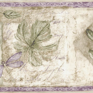 Botanische Tapetenbordüre - Efeublatt Libelle Natur Tapetenbordüre - Grün, Flieder - Wohnzimmer Dekor - Küchen Wand Dekor
