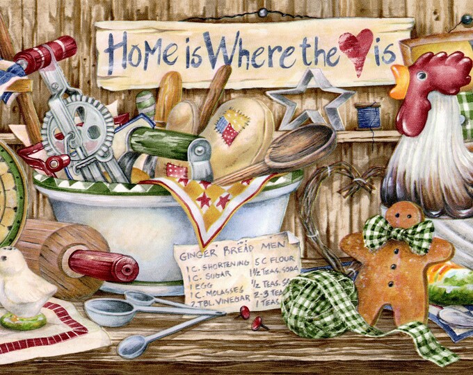 Country Kitchen Wallpaper Border, Primitive Folk Art Home Baking