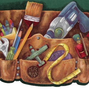 Die Cut Carpenter Tool Belt Wallpaper Border, Essential Tool Kit Brown Belt & Toys on Green Wallpaper Border, Kids Wallpaper Borders