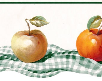 Apple Wallpaper Border, Apples Die Cut Wallpaper Border, Contemporary Fruits Apple with Green Tartan Plaid Country Kitchen Wallpaper Border