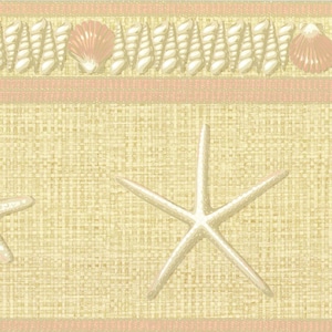 May include: A beige and peach colored border with a woven texture and a repeating pattern of seashells and starfish.