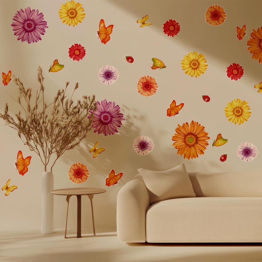 Daisy Wall Decal, Removable Floral Stickers With Butterflies and ...