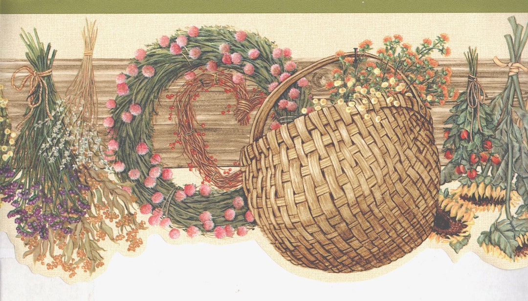 Scalloped Floral Wallpaper Border, Lavender Roses Sunflower Daisies