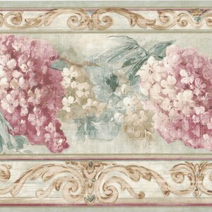 Vintage florale Hortensie-Tapetenbordüre, rosa und elfenbeinfarbene Blüten mit Schriftrollenakzenten, Wanddekor für Schlafzimmer oder Wohnzimmer, 4 m x 10,25 cm
