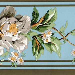 Blumenwiese mit Blätterranke-Tapetenbordüre, Grau, Grün, Blau, vorgeklebt, 4 m x 18 cm