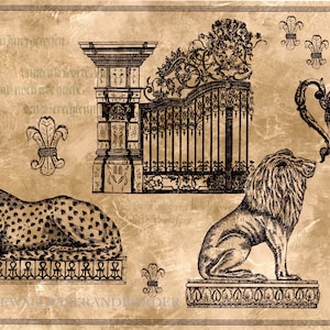 Roman Columns Ornate Ironwork Grills Lion and Cheetah Statues Urn Fleur-de-lis Architectural Wallpaper Border - Black, Tan |15&#39; L x 10.25&quot; W